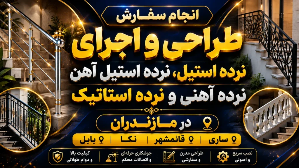انجام سفارش طراحی و اجرای نرده استیل،نرده استیل آهن ، نرده آهنی و نرده استاتیک در مازندران ،ساری، قائمشر ، نکا و بابل